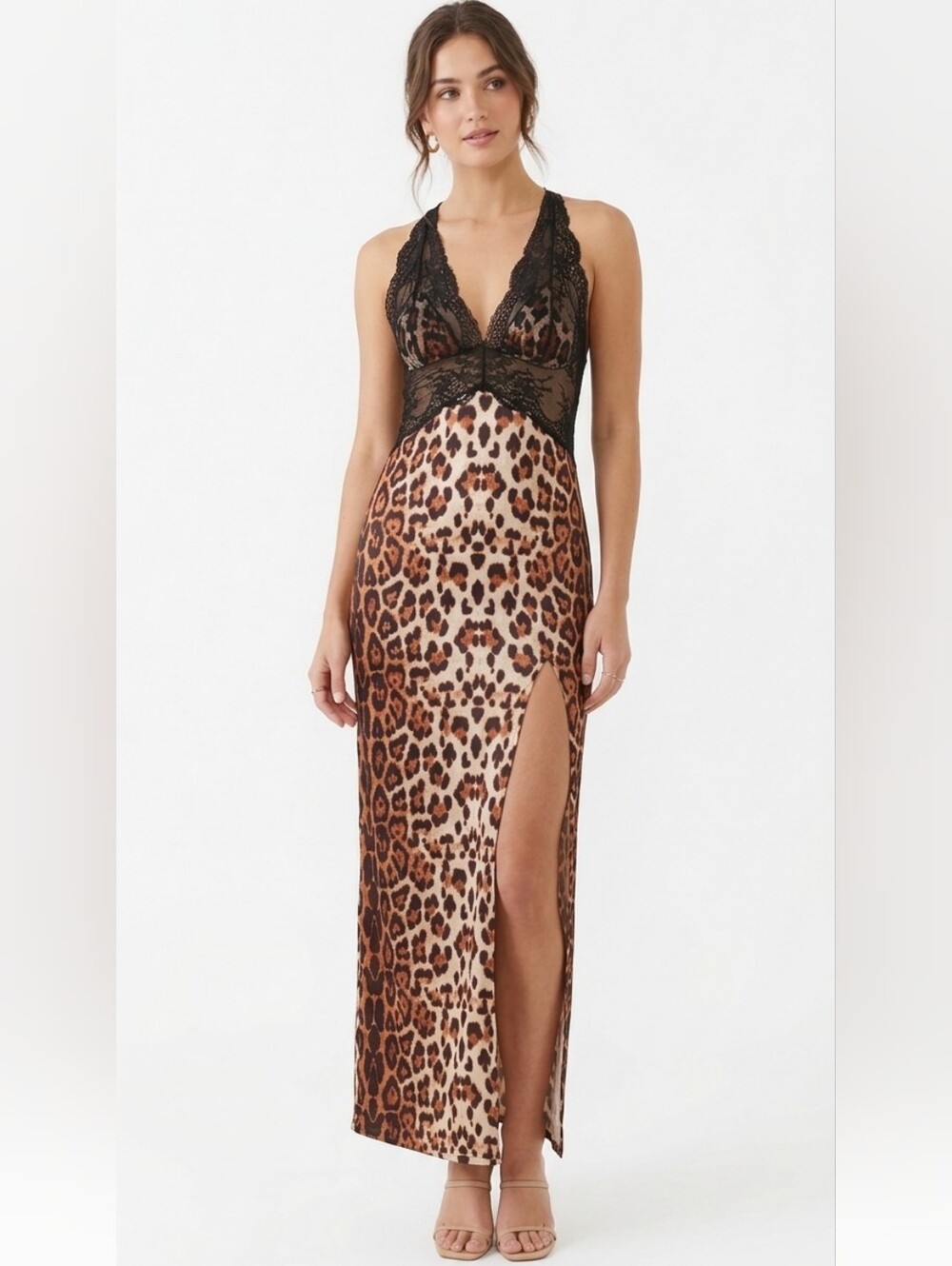 Frederick's of Hollywood Rosalina Rose Lace Leopard Satin Maxi Slip Dress S